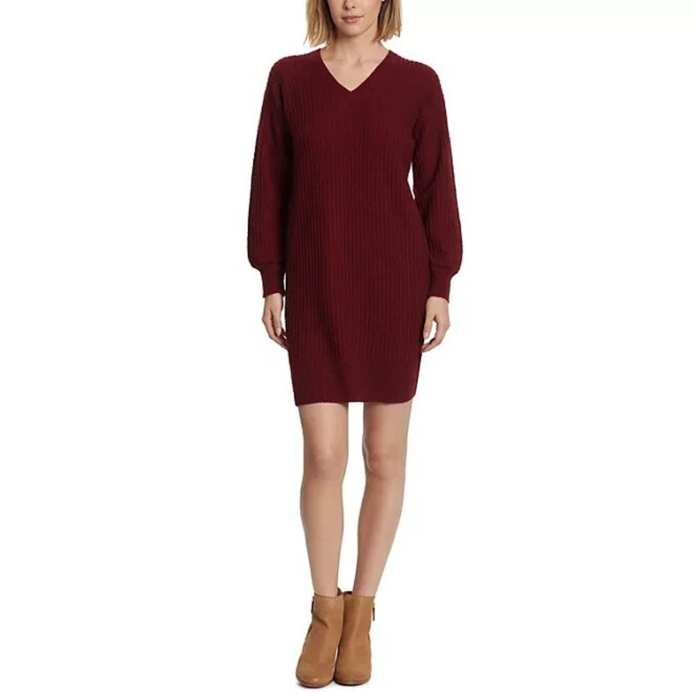 Jessica Simpson Womens Ribbed V-Neck Sweater Dress Syrah Red Size L